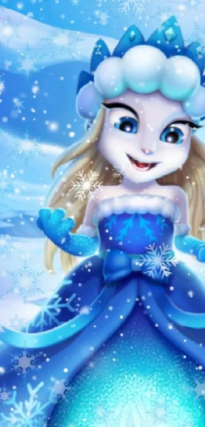 Enchanting frozen princess in a blue dress with snowflakes on a winter-themed wallpaper.