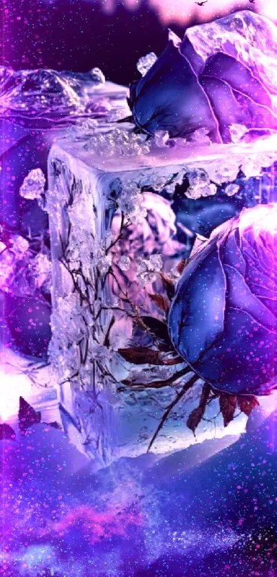 Frozen purple roses encased in ice with a dreamy background.