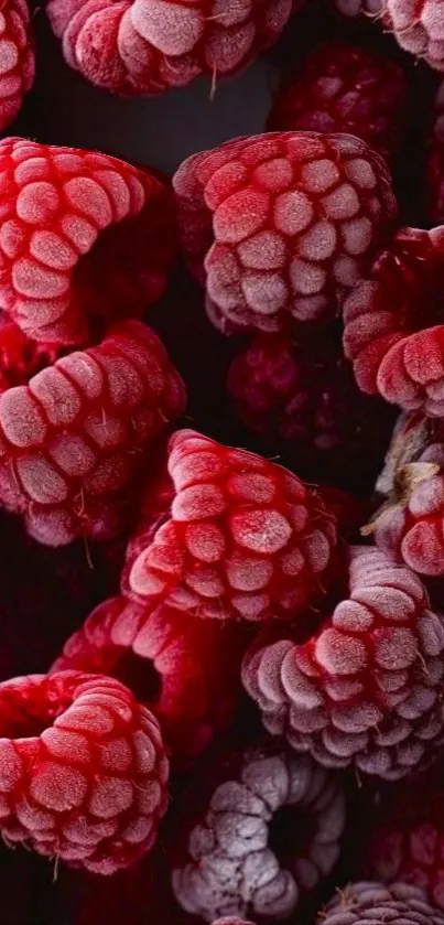 Close-up of vibrant frozen raspberries with rich textures and colors.