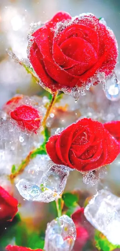 Red roses encased in ice with glistening water droplets enhance your screen.