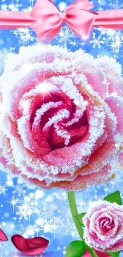 Frozen pink rose with ice crystals on a snowy blue background.