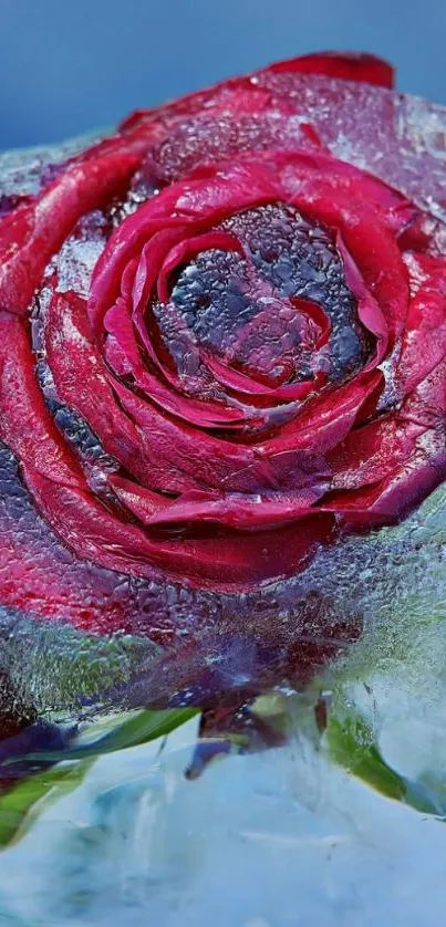 Frozen red rose encapsulated in ice, vivid mobile wallpaper.