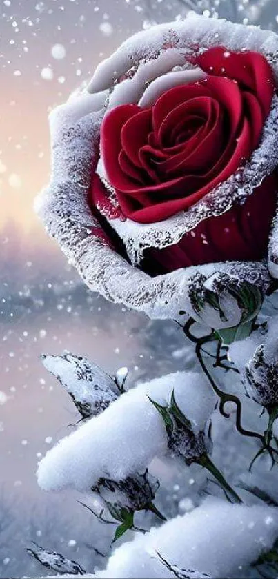 Red rose covered with snow in a winter scene.