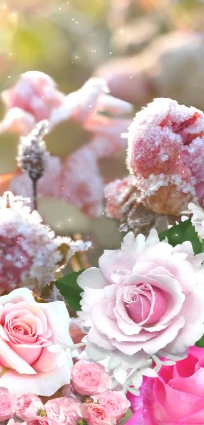 Serene mobile wallpaper with frosted pink roses in soft sunlight.