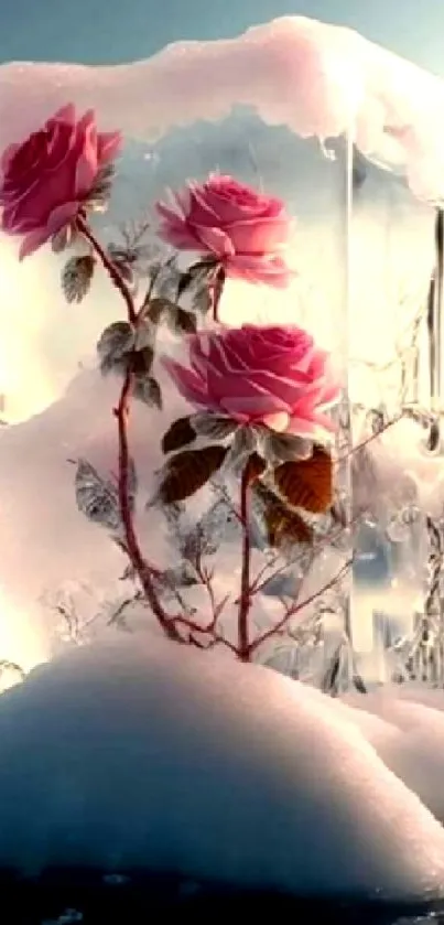 Frozen pink roses in icy winter landscape.