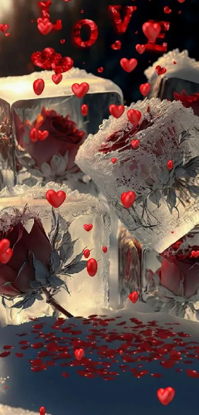 Roses in ice with love text on mobile wallpaper.