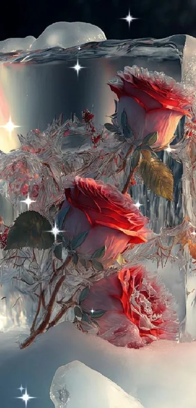 Frozen red roses encapsulated in ice in a winter scene wallpaper.