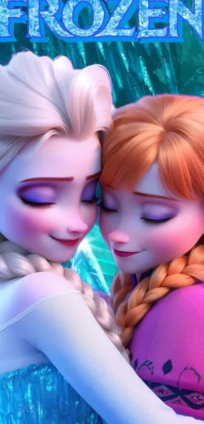 Elsa and Anna from Frozen embracing in colorful wallpaper.