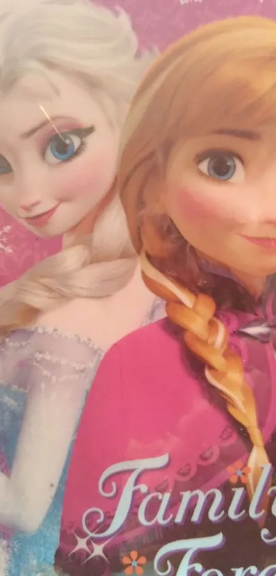 Elsa and Anna from Frozen on a pink background with snowflakes.