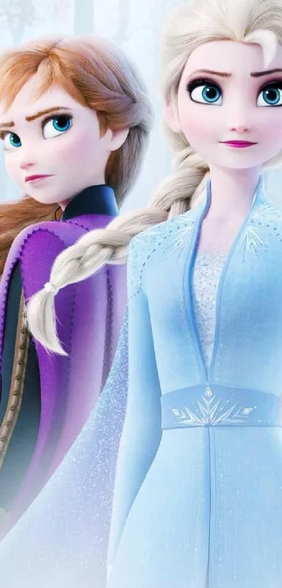 Frozen sisters Elsa and Anna in a magical winter scene, perfect mobile wallpaper.