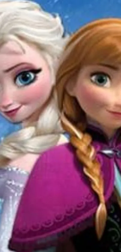 Frozen animated sisters wallpaper with blue background.