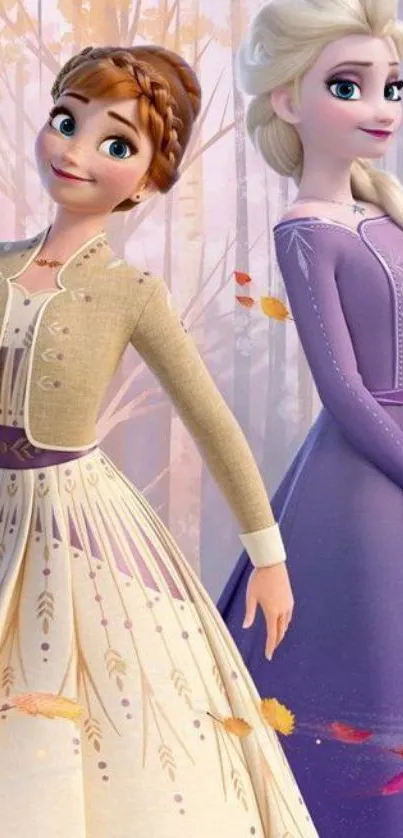 Frozen sisters wallpaper featuring Anna and Elsa in elegant dresses with lavender tones.