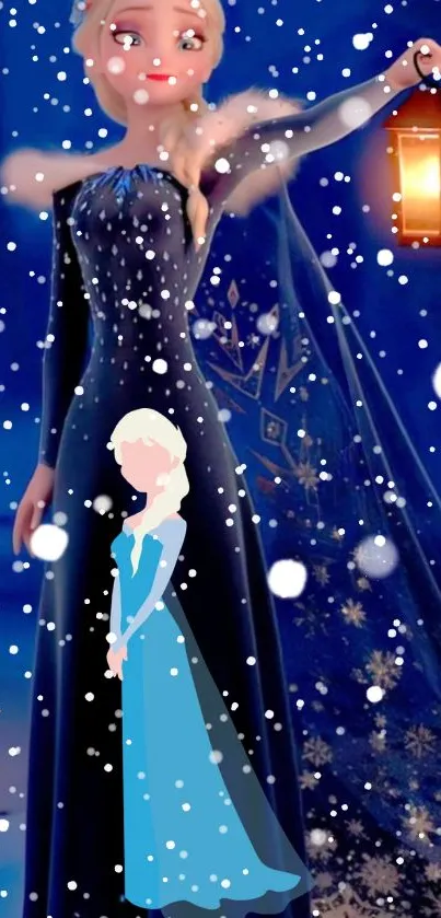 Animated character holds lantern in snowy, magical scene wallpaper.