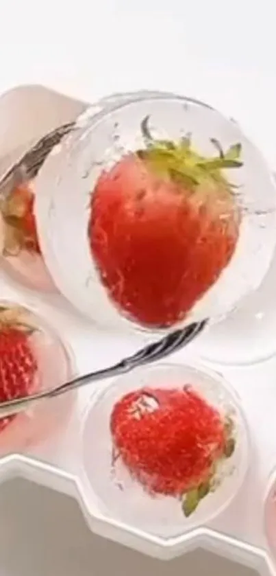 Close-up of strawberries in ice cubes for a refreshing wallpaper.