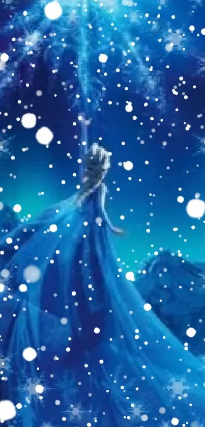 Frozen inspired ice queen in blue dress reaching towards sparkling winter sky.