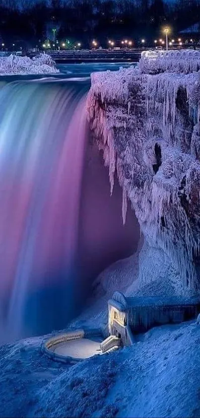 Frozen waterfall with blue and purple hues under starry night.