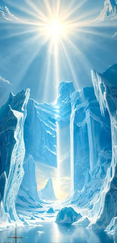 Fantasy scene of icy cliffs with radiant sunlight.