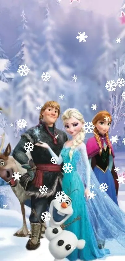 Frozen characters in a snowy winter scene with snowflakes.