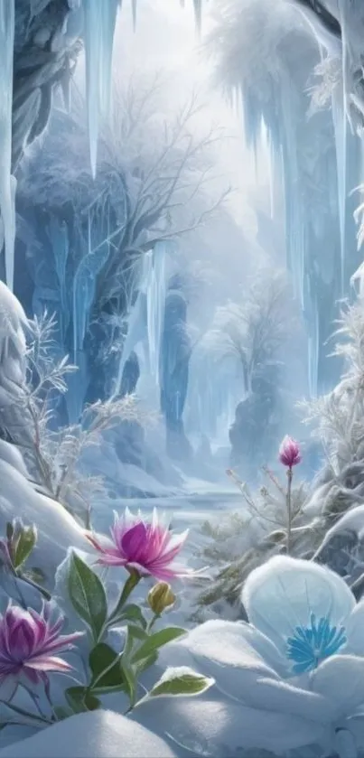 A magical winter scene with flowers and ice formations.