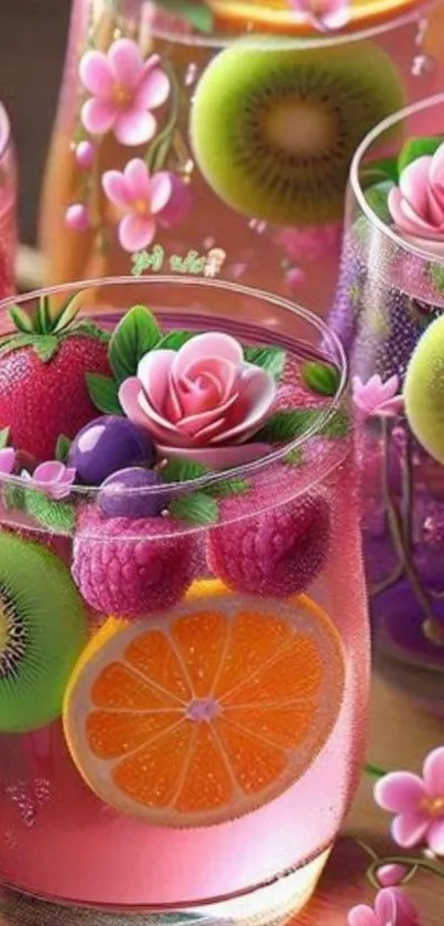 Colorful glass with fruits and flowers.