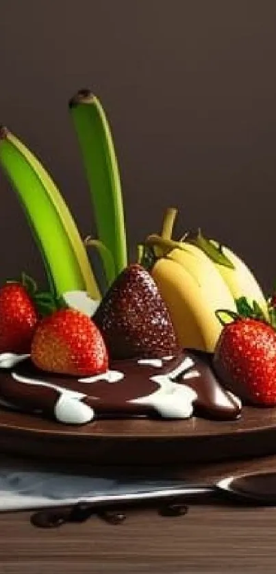 Plate with bananas and strawberries covered in chocolate.