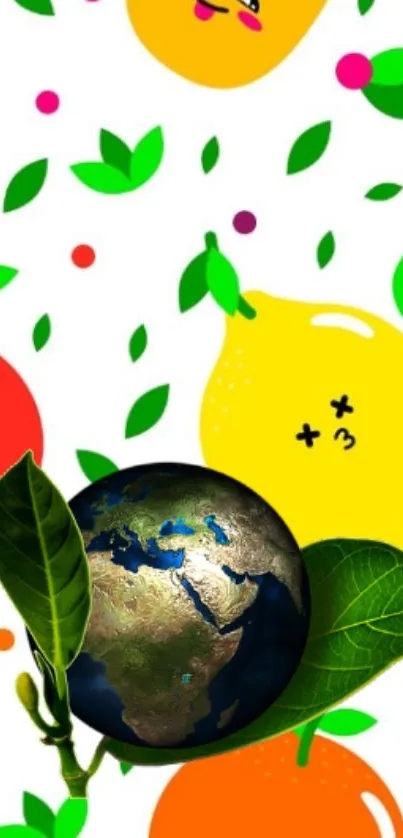 Colorful fruit and globe wallpaper with a nature theme.