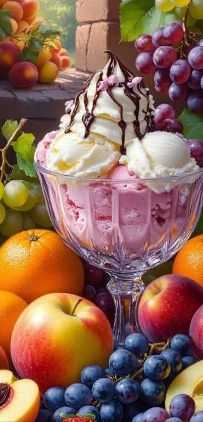 Colorful dessert with fruit and ice cream in a glass bowl.
