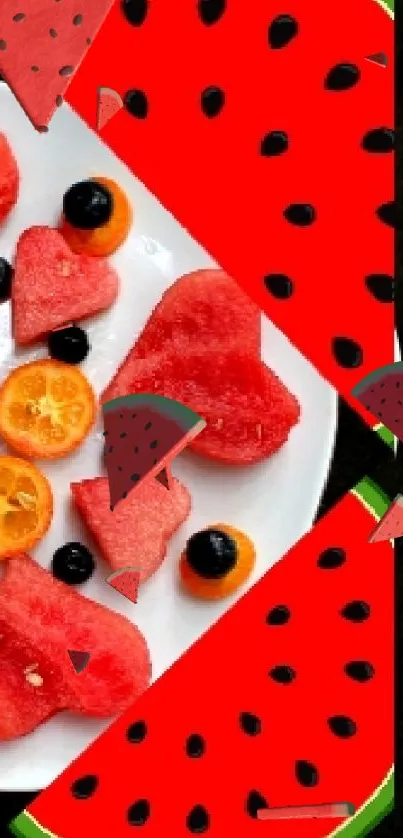 Colorful fruit platter with watermelon, berries, and citrus on a dark background.