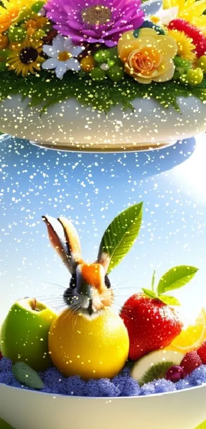 Whimsical bunny surrounded by fruits and flowers in vivid colors.