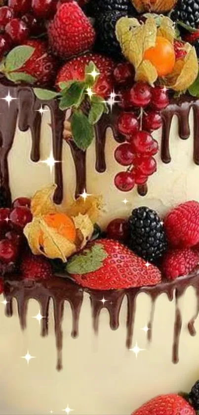 A two-tier cake covered in vibrant mixed berries and chocolate drip, perfect for dessert lovers.