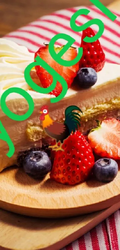 A slice of fruit-topped cake on a wooden board.