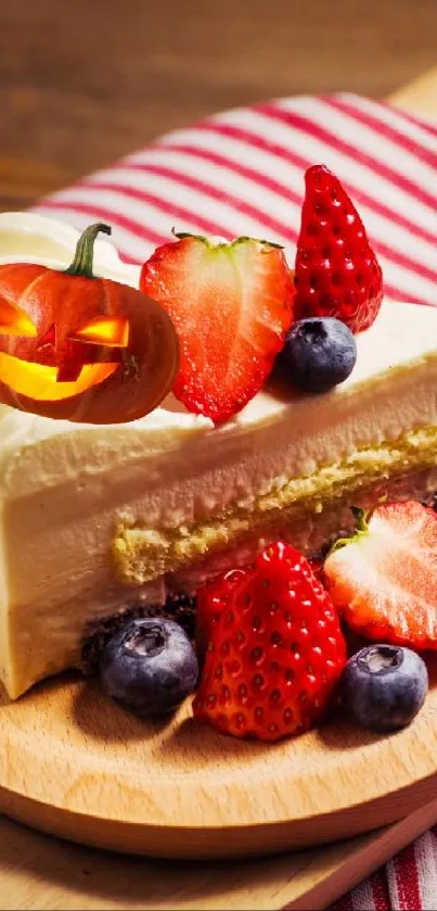 Delicious Halloween cake with fruit toppings on a wooden table.