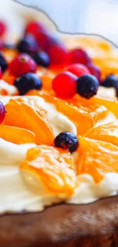 Close-up of a vibrant fruit dessert with berries and citrus slices.