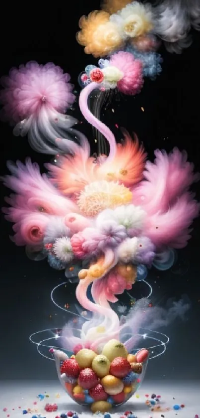 Fantasy art with fruit and colorful clouds exploding.