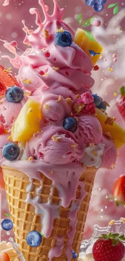 Colorful ice cream cone with fruits and pink cream.