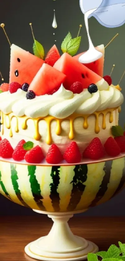 Colorful cake with fruits in watermelon bowl.