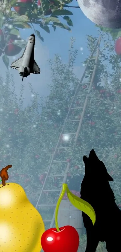 Fantasy wallpaper with fruits and wolf silhouette in orchard setting.