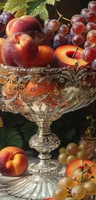 Elegant fruit still life with decorative bowl, featuring peaches and grapes.
