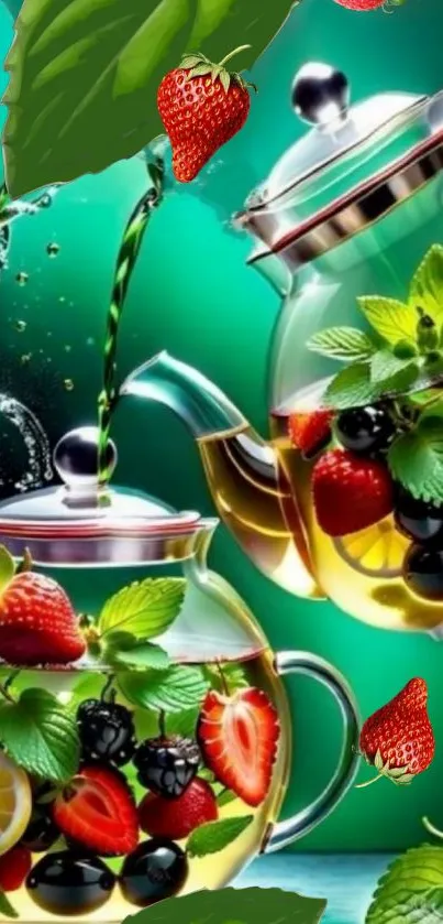 Vibrant fruit tea with berries and lemon in glass teapots on a green background.