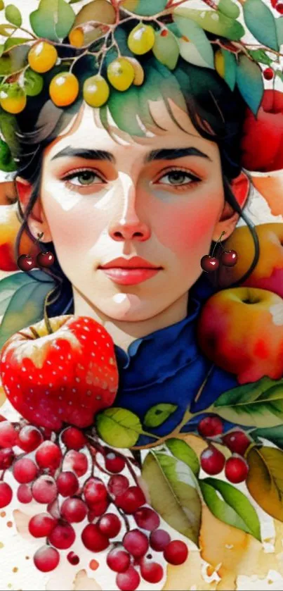 Artistic portrait with colorful fruits and leaves, vibrant and eye-catching.