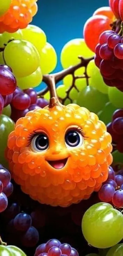 Colorful cartoon fruit wallpaper with grapes and an orange face character