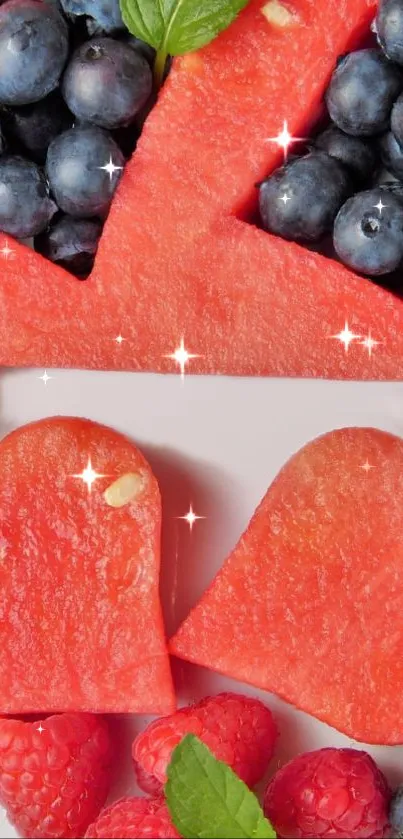 Heart-shaped watermelon with berries and sparkles.