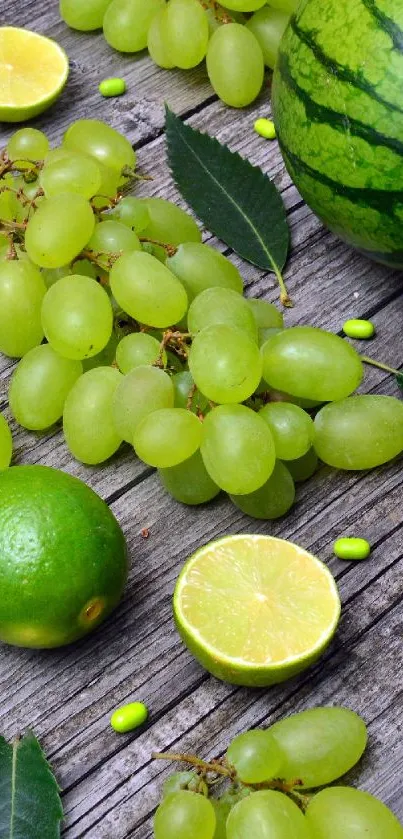 Green fruits and watermelon on rustic wood surface.