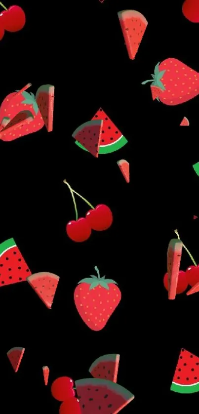 Colorful fruit pattern on black background mobile wallpaper.