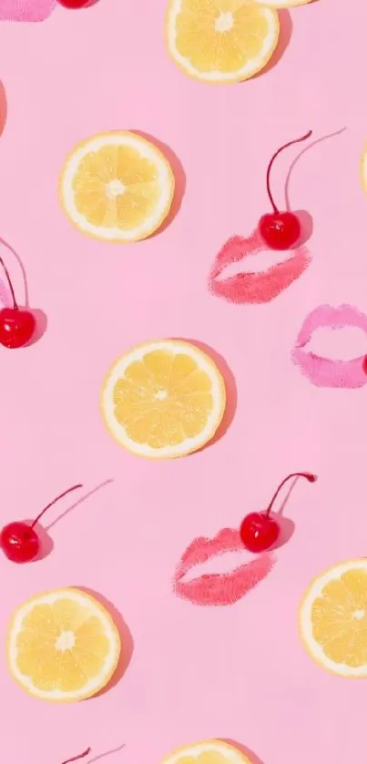 Playful wallpaper with lemons, cherries, and lipstick prints on pink.