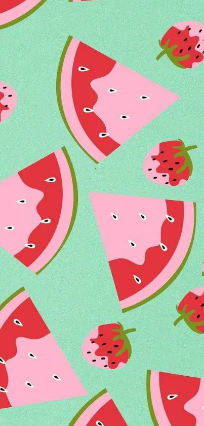 Colorful watermelon and strawberry pattern on a mint green background.