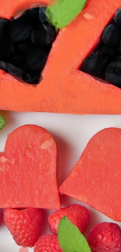 Watermelon and berry heart on white plate wallpaper.