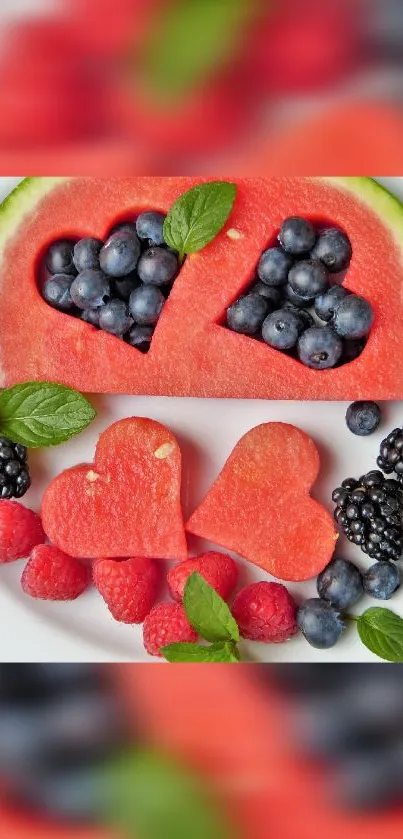 Heart-shaped fruit arrangement with berries.