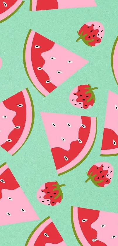 Colorful watermelon and strawberry pattern on mint green background.