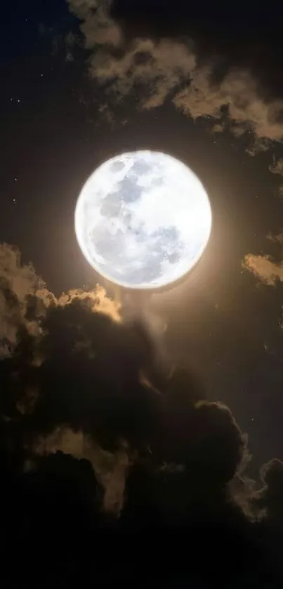 Full moon illuminating a cloudy night sky.